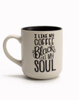 'Black Coffee' stoneware mug by USTUDIO Design features hand drawn typography by Matthew Taylor-Wilson, reading 'I Like My Coffee Black Like My Soul'. Perfect for coffee lovers who also appreciate a little bit of dark and down beat humour! 