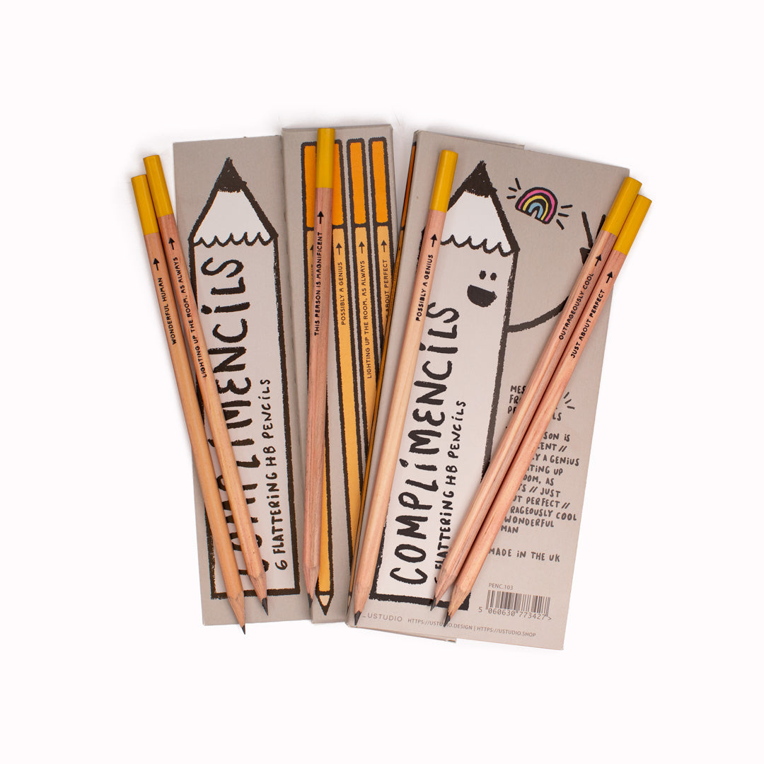 Complimencils are set of six HB pencils to remind you just how worthy and magnificent you are! Everybody loves a compliment! Unfortunately, sometimes people forget to shower them on you, despite your obvious glowing perfection.