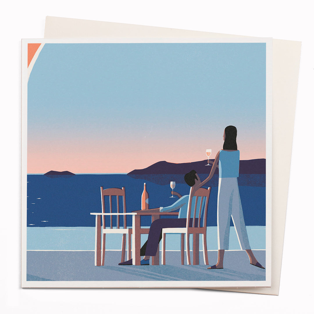 Travel illustrator David Doran's illustrations are like a little holiday in the form of a greeting card. This notecard features a beautiful contemporary illustration of a romantic couple watching the sunset in Santorini.