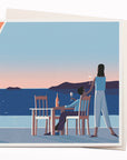 Travel illustrator David Doran's illustrations are like a little holiday in the form of a greeting card. This notecard features a beautiful contemporary illustration of a romantic couple watching the sunset in Santorini.