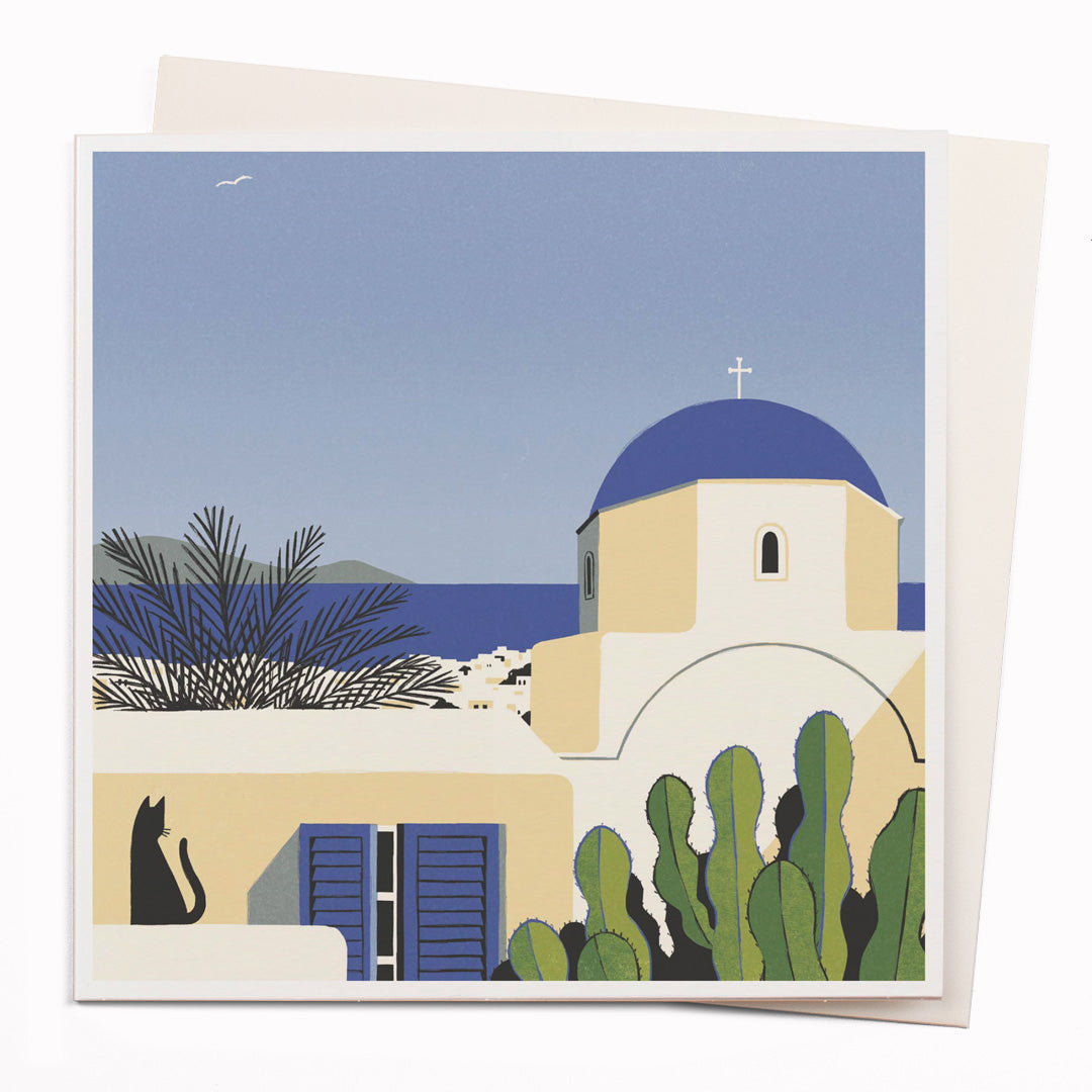 Travel illustrator David Doran's illustrations are like a little holiday in the form of a greeting card. This is a beautiful contemporary illustration of a blue skied landscape of traditional greek houses in Mykonos.