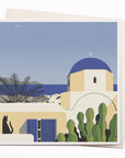 Travel illustrator David Doran's illustrations are like a little holiday in the form of a greeting card. This is a beautiful contemporary illustration of a blue skied landscape of traditional greek houses in Mykonos.