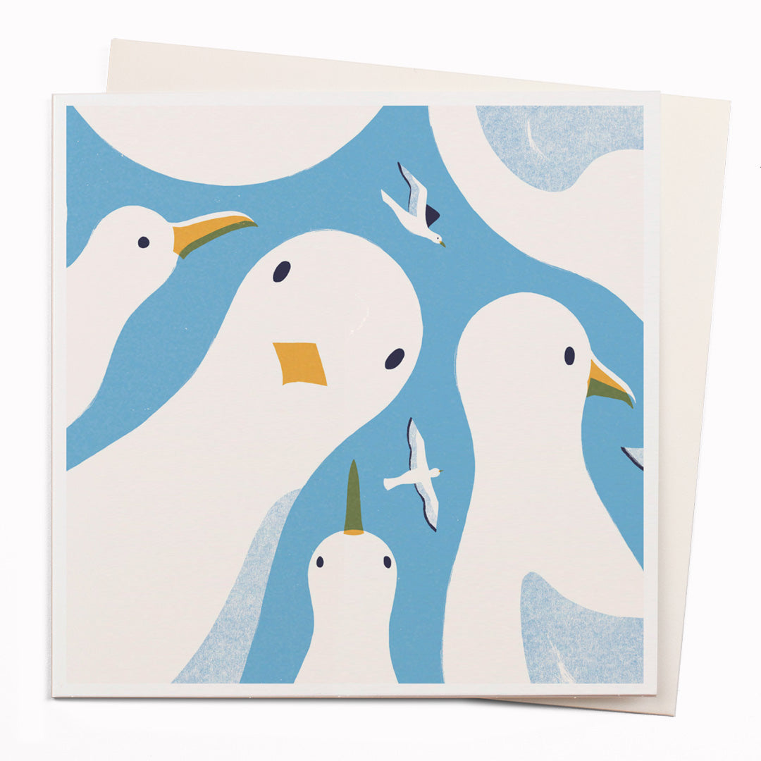 Travel illustrator David Doran's illustrations are like a little holiday in the form of a greeting card. This notecard design is a funny contemporary illustration of a gang of Cornish Seagulls pulled from one of David's childrens book illustrations.