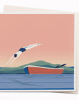 Travel illustrator David Doran's illustrations are like a little holiday in the form of a greeting card. This notecard features a beautiful contemporary illustration of a swimmer diving into the water at sunset.