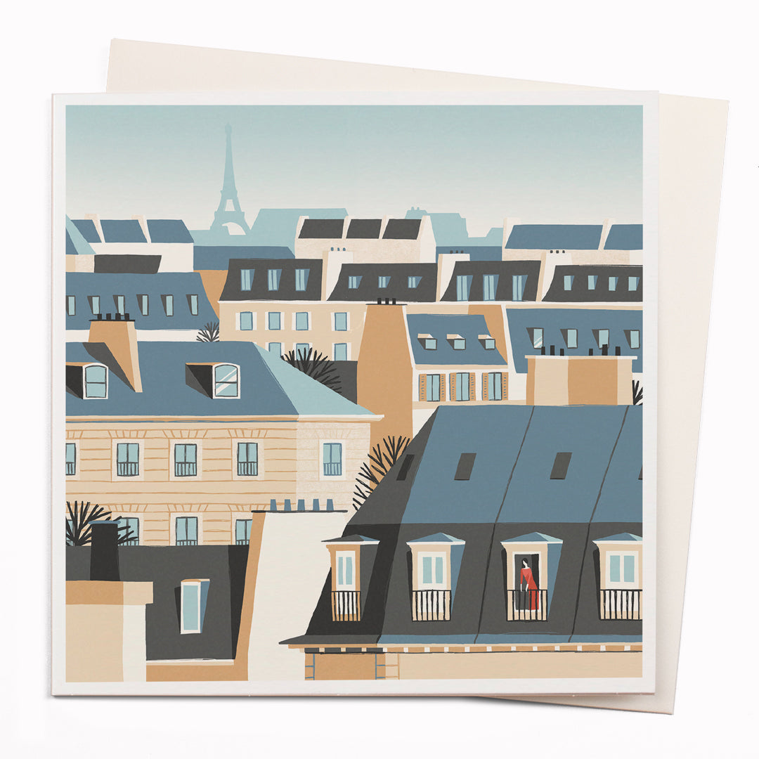 Travel illustrator David Doran's illustrations are like a little holiday in the form of a greeting card. This notecard features a beautiful contemporary illustration of a rooftop view over Paris with the Eiffel Tower in the background.