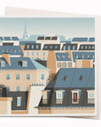 Travel illustrator David Doran's illustrations are like a little holiday in the form of a greeting card. This notecard features a beautiful contemporary illustration of a rooftop view over Paris with the Eiffel Tower in the background.