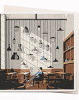 Travel illustrator David Doran's illustrations are like a little holiday in the form of a greeting card. This notecard features a beautiful contemporary illustration of a high ceilinged interior with lots of hanging pendant lights.