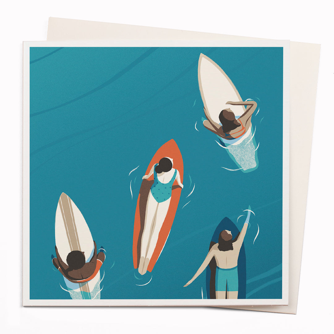 Travel illustrator David Doran's illustrations are like a little holiday in the form of a greeting card. This notecard features a beautiful contemporary illustration of surfers readying for a wave from above.