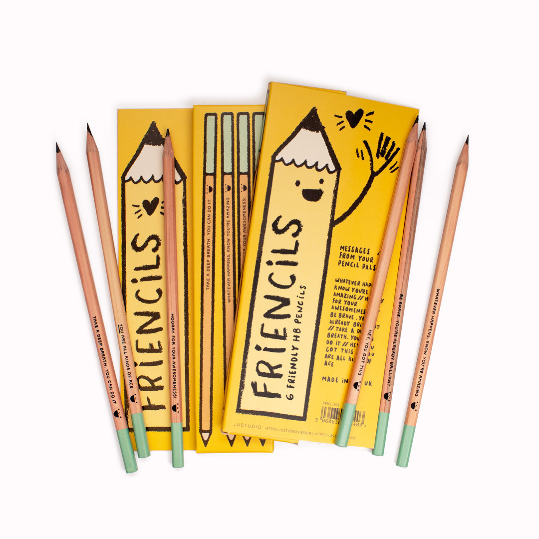 Friencils by USTUDIO Design are set of six HB pencils offering helpful, scribbly positive affirmations&nbsp;to keep your spirits up when the going gets tough. Each pencil features a different happy and positive slogan - words of support you might expect from your best friend when things aren't going your way.