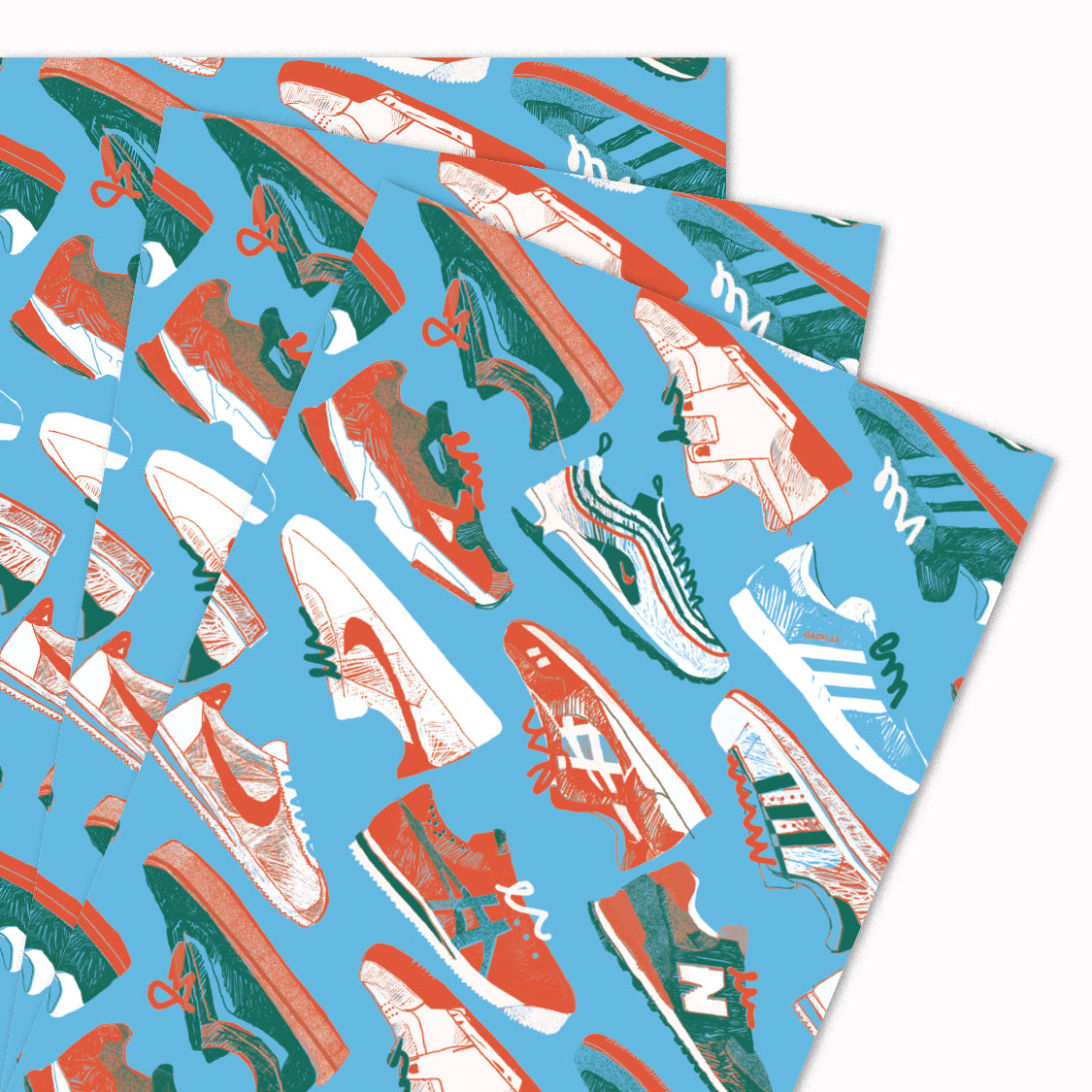 Pack of 3 'Fresh Creps' gift wrap sheets illustrated by Katy Welsh for USTUDIO Design. Perfect for your sneaker loving friend or a secret shoe collector, this arty and fun design features illustrations of well known trainer styles.