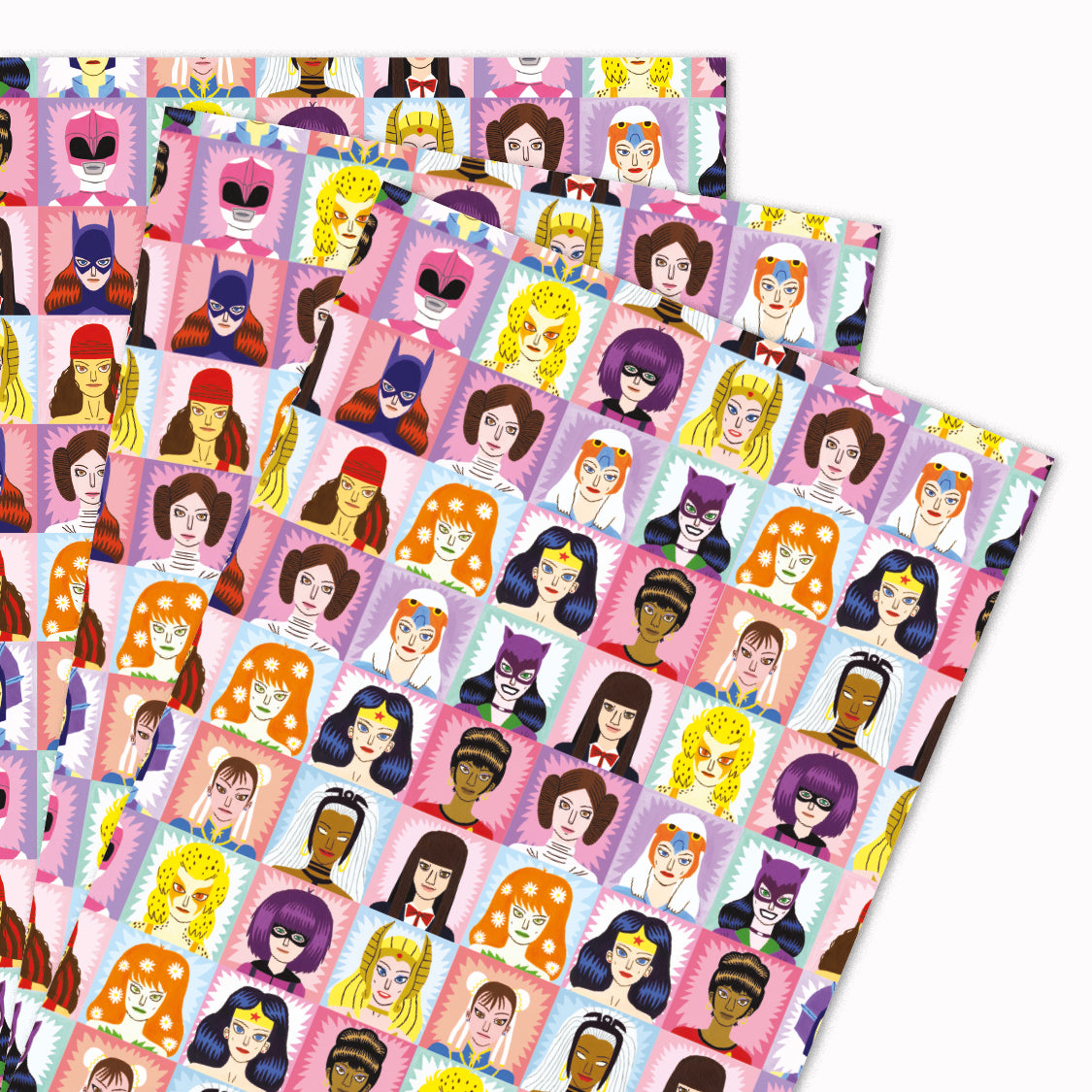 Pack of 3 'Heroines and Villains' gift wrap sheets illustrated by Jack Teagle for USTUDIO Design. This design features an illustrative interpretation of some of the best loved and most iconic heroines and villains. A cult classic design loved by kids both big and small.