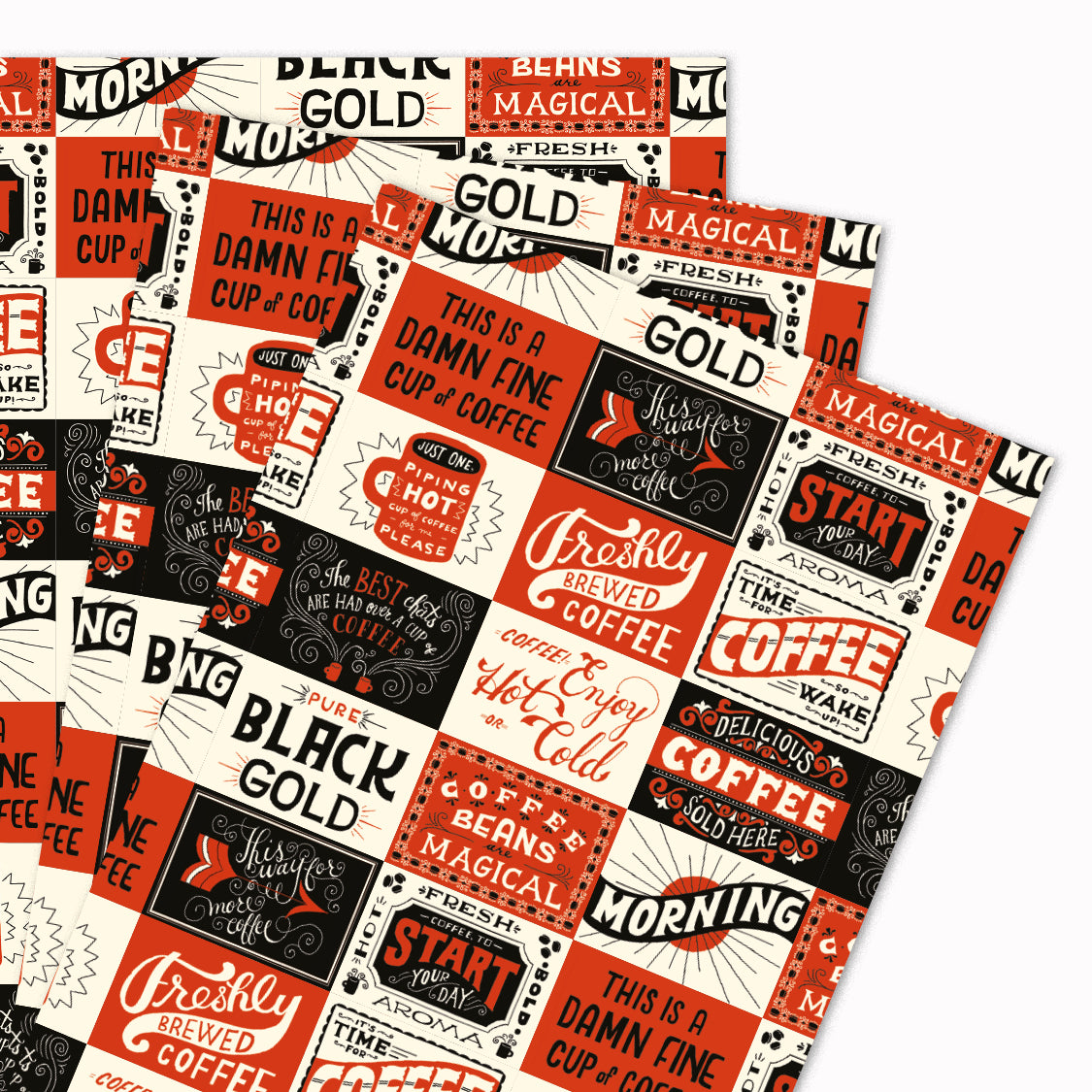 Pack of 3 'Coffee' gift wrap sheets illustrated by Mary Kate McDevitt for USTUDIO Design. Perfect for your coffee lovers, fuelled by caffine!