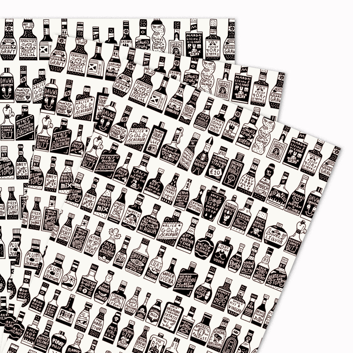 Pack of 3 '109 Bottles' gift wrap sheets illustrated by Serge Seidlitz for USTUDIO Design. An arty, monochrome design featuring rows of bottles lined up, each standing proud with their cheeky labels and somewhat questionable contents!