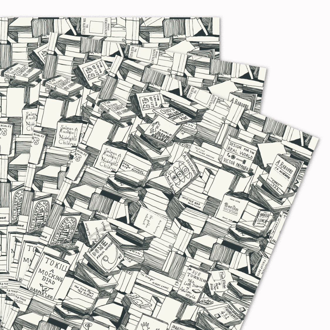 Pack of 3 'Books' gift wrap sheets illustrated by USTUDIO Design in-house. Beautiful line drawn monochrome illustration of a stack of books, including some of the most famous book cover art of all time. Ideal for book lovers.