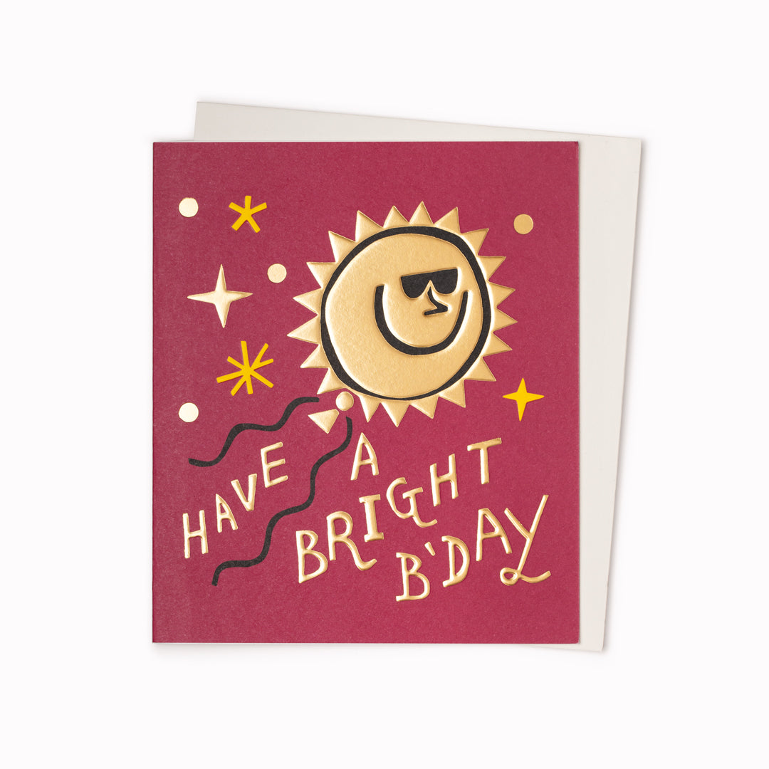 Bright Day Greeting Card is a smiley, sunshine inspired celebratory birthday card featuring artwork by artist and screen printer, David Newton.