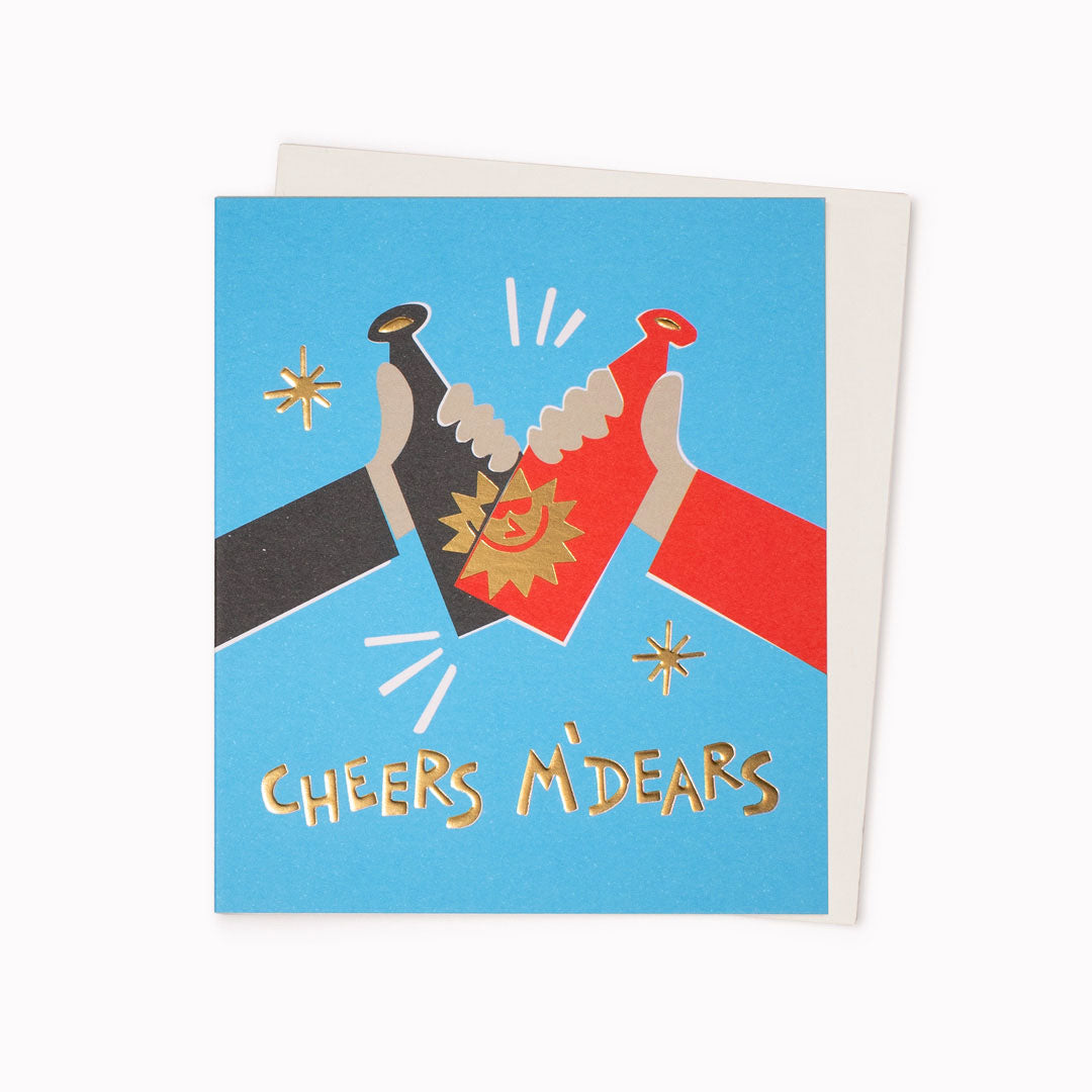 Cheers M'Dears Greeting Card is a jovial, beer clinking celebratory birthday card featuring artwork by artist and screen printer, David Newton.
