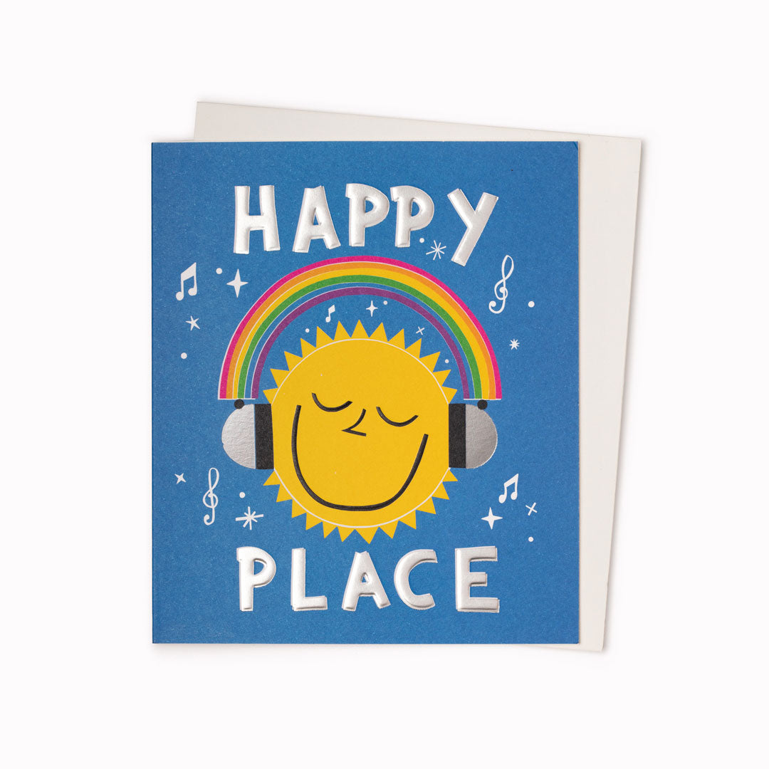 Happy Place Greeting Card is a musical themed, headphone wearing, introspective greeting card featuring artwork by artist and screen printer, David Newton.