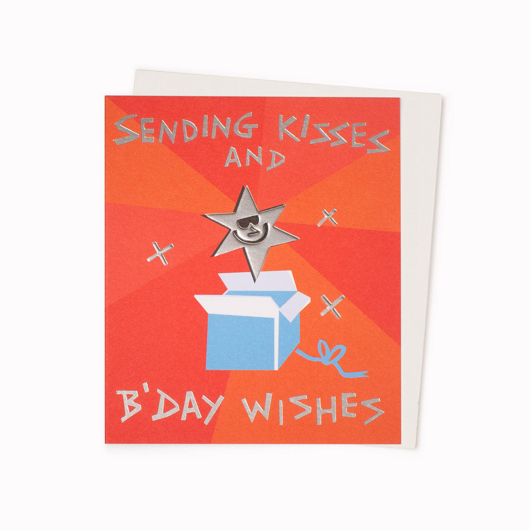 Kisses and Birthday Wishes Birthday Card is a shiny, colourful and contemporary birthday card featuring artwork by artist and screen printer, David Newton.