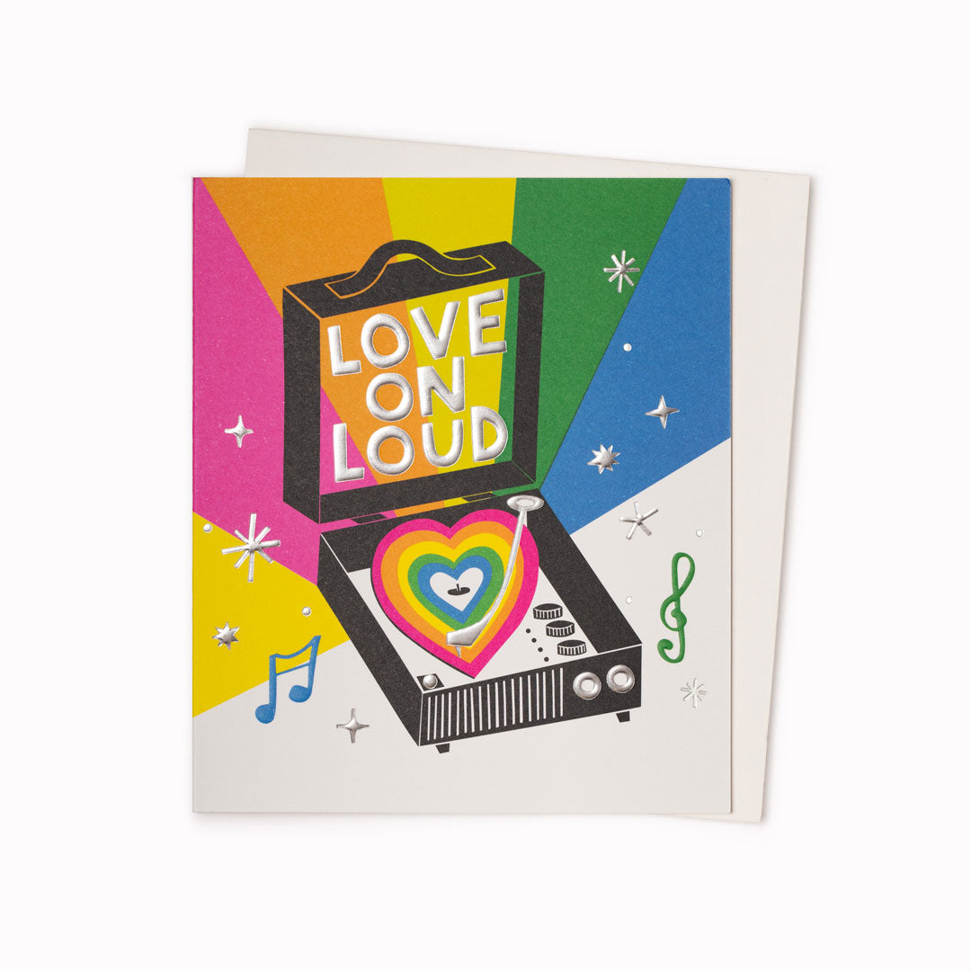 Love On Loud Greetings Card is a bright, music and love themed note card featuring artwork by artist and screen printer, David Newton.