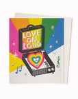 Love On Loud Greetings Card is a bright, music and love themed note card featuring artwork by artist and screen printer, David Newton.