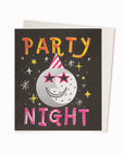 Party Night Greeting Card is a shiny moon wearing a party hat surrounded by stars featuring artwork by artist and screen printer, David Newton.