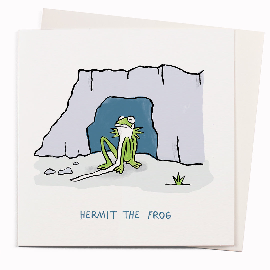 Hermit the Frog is a funny greeting card featuring a pun on Muppet Show fave, Kermit, by cartoonist John Atkinson for the 'Wrong Hands' notecard range.