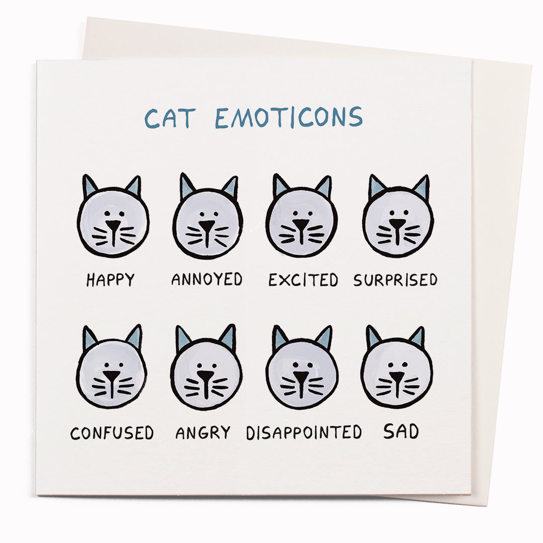 Cat Emoticons is a funny greeting card with a feline theme featuring a visual pun by cartoonist John Atkinson for the 'Wrong Hands' notecard range. 