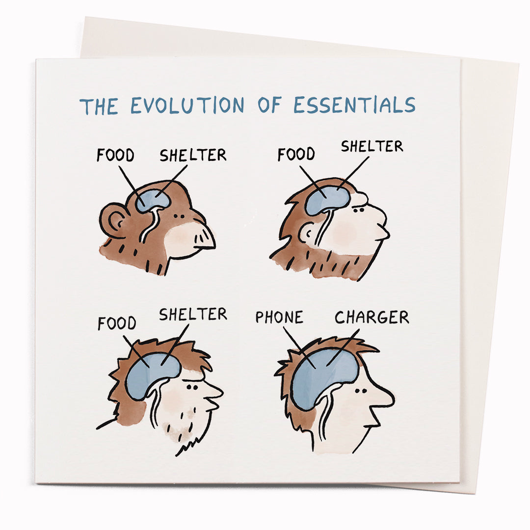 Evolution of Essentials is another funny greeting card featuring a humorous observation of human behaviour by cartoonist John Atkinson for the 'Wrong Hands' notecard range.