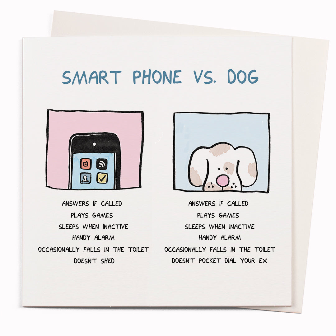 Smart Phone vs Dog is a funny greeting card featuring a a humorous observational comparison of a dog and a phone by cartoonist John Atkinson for the 'Wrong Hands' notecard range.