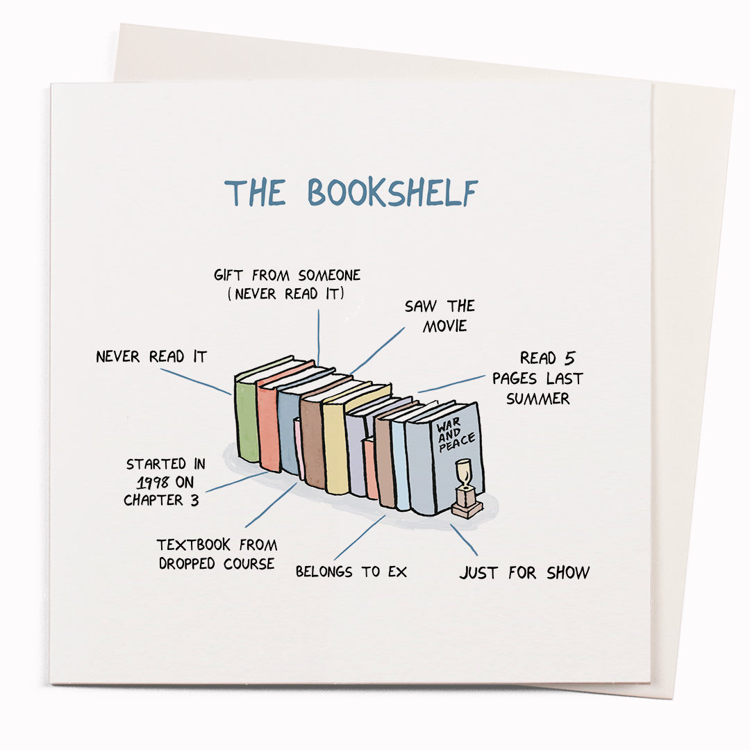 The Bookshelf is another funny greeting card featuring a humorous observation on peoples reading habits by cartoonist John Atkinson for the 'Wrong Hands' notecard range. Great card for bookish people!