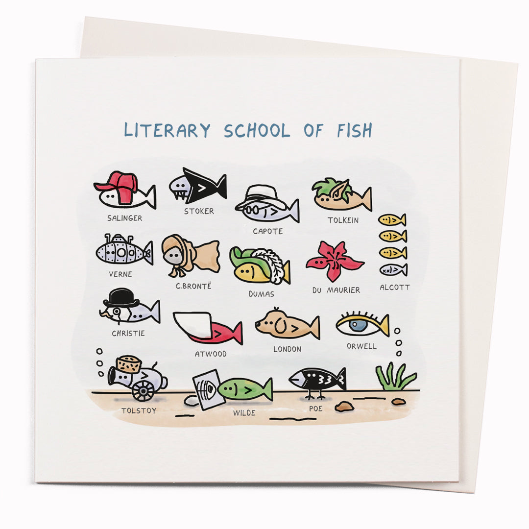 Literary School Of Fish is a funny greeting card featuring a visual pun by cartoonist John Atkinson for the 'Wrong Hands' notecard range. One for the literature lovers.