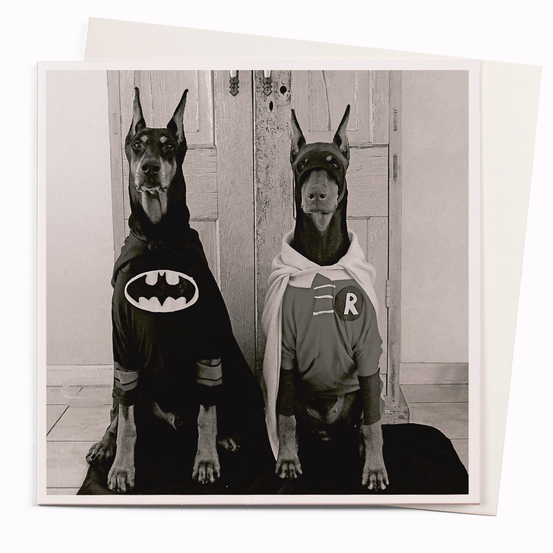 The Bark Knight card is part of the 1000 Words - Slice of life licensed photography collection with a focus on animal shenanigans and the ridiculous.