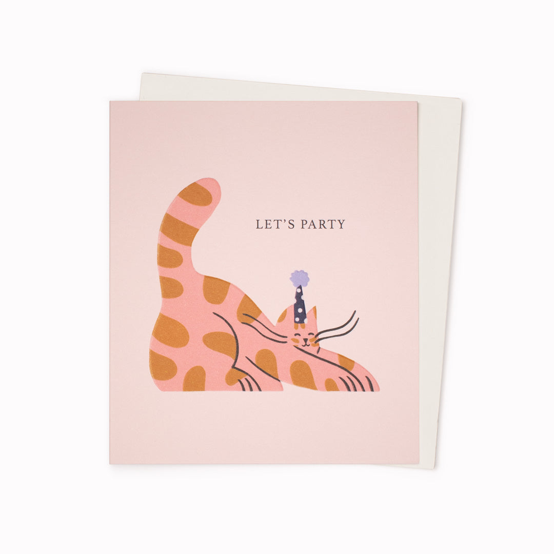 Party Cat Greeting Card is a fun, feline birthday card featuring a cat in a party hat artwork by digital illustrator, Ana Gaman.