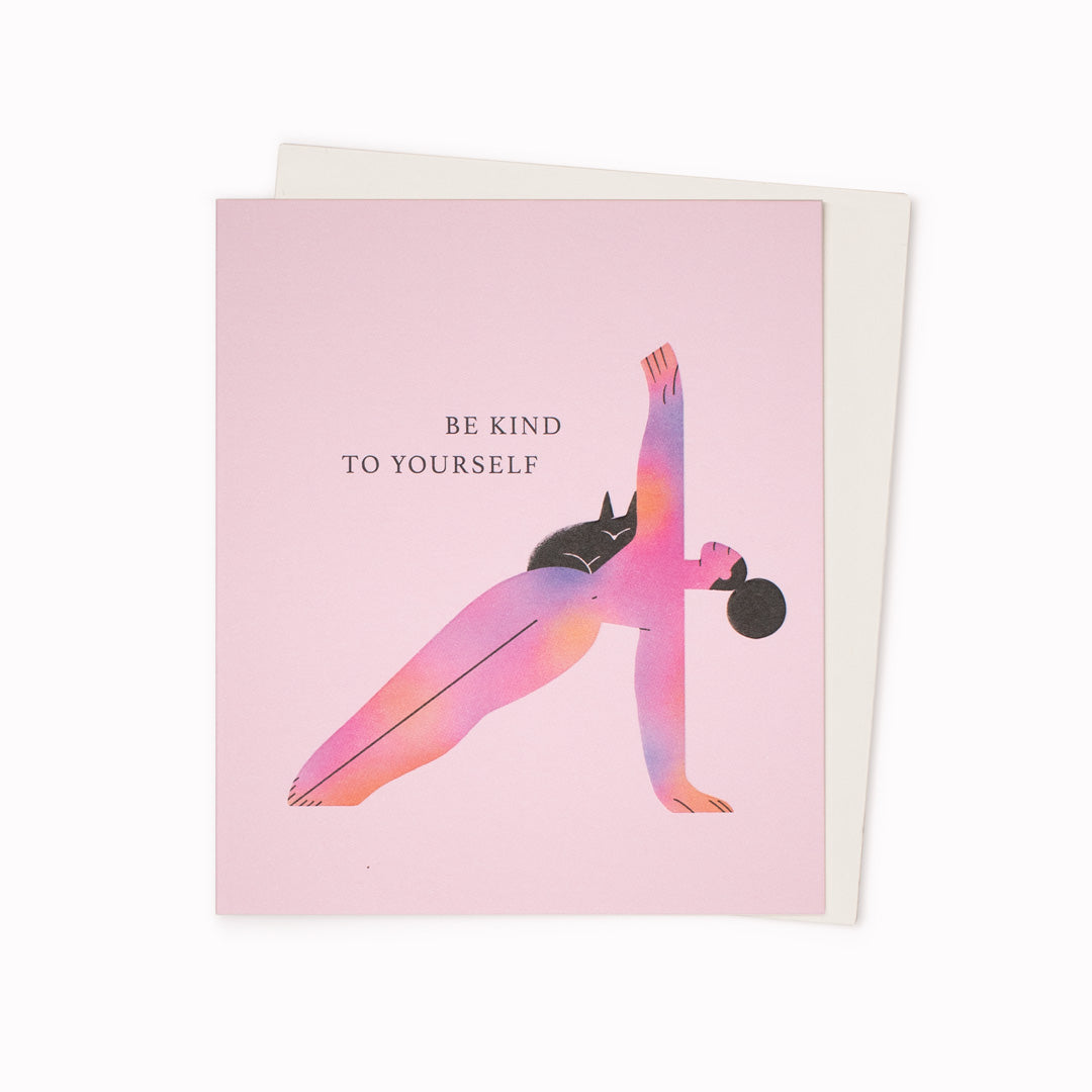 Be Kind To Yourself Greeting Card is a yoga themed, well being card featuring artwork by digital illustrator, Ana Gaman.