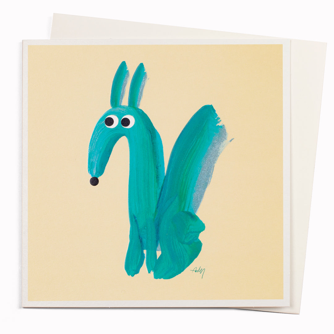 Dash is a dog themed note card featuring typically playful illustration by Copenhagen based artist, Anders Arhoj from the infamous Studio Arhoj. The notecard has been left deliberately blank inside for your own personal message and is suitable to send for any occasion.