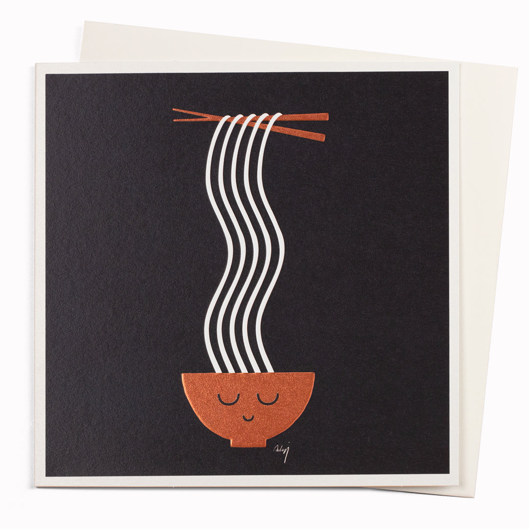 Soba is a character design Asain noodle themed note card featuring typically playful illustration by Copenhagen based artist, Anders Arhoj from the infamous Studio Arhoj. The notecard has been left deliberately blank inside for your own personal message and is suitable to send for any occasion.