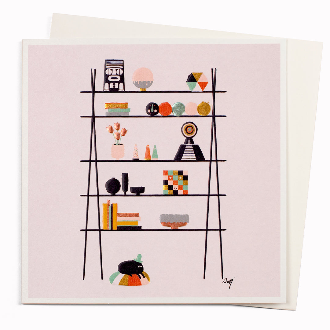 Aztec Shelf is an interior design themed note card featuring typically playful illustration by Copenhagen based artist, Anders Arhoj from the infamous Studio Arhoj. The notecard has been left deliberately blank inside for your own personal message and is suitable to send for any occasion.