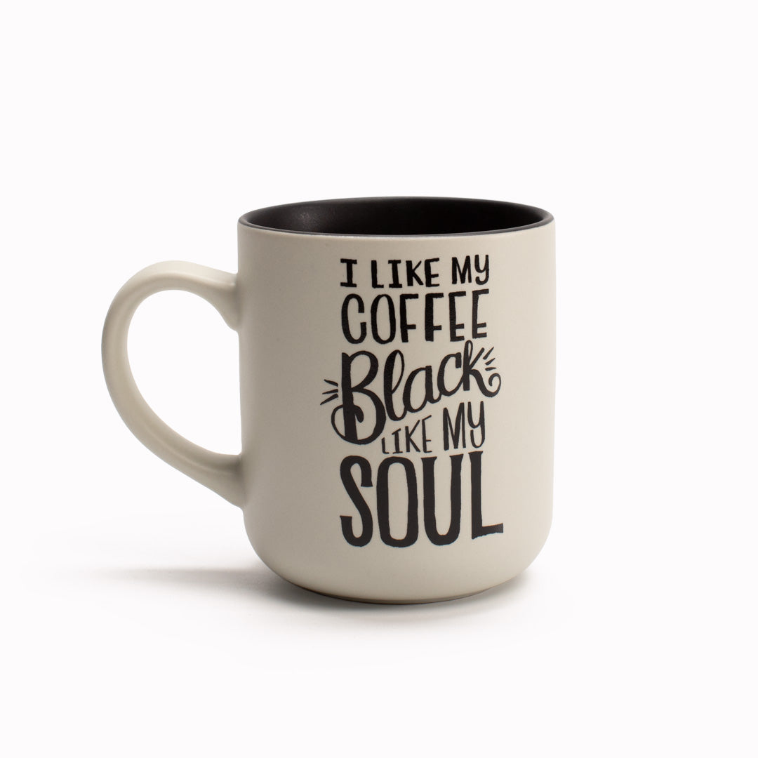 &#39;Black Coffee&#39; stoneware mug by USTUDIO Design features hand drawn typography by Matthew Taylor-Wilson, reading &#39;I Like My Coffee Black Like My Soul&#39;. Perfect for coffee lovers who also appreciate a little bit of dark and down beat humour!&amp;nbsp;