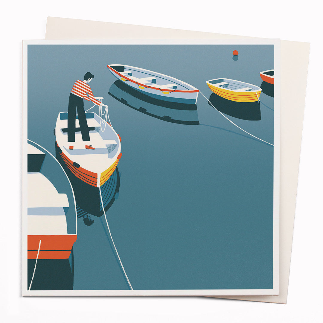 Travel illustrator David Doran's illustrations are like a little holiday in the form of a greeting card. This is a beautiful contemporary illustration from a quayside looking at the small fishing boats in the morning.