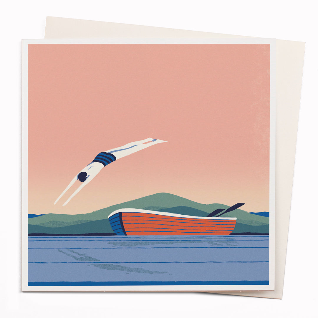 Travel illustrator David Doran's illustrations are like a little holiday in the form of a greeting card. This notecard features a beautiful contemporary illustration of a swimmer diving into the water at sunset.