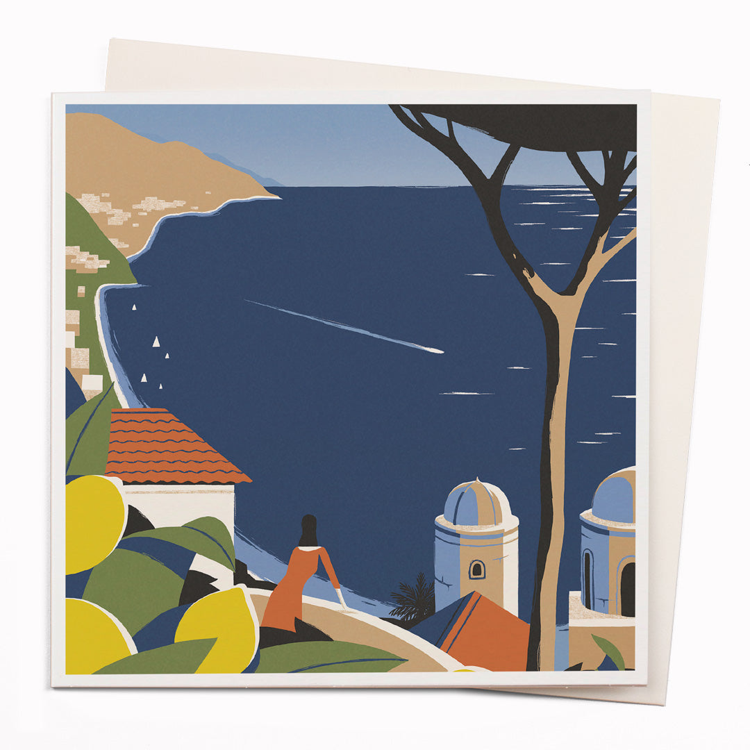Travel illustrator David Doran&#39;s illustrations are like a little holiday in the form of a greeting card. This is a beautiful contemporary illustration of view out over the sea from and Italian clifftop.
