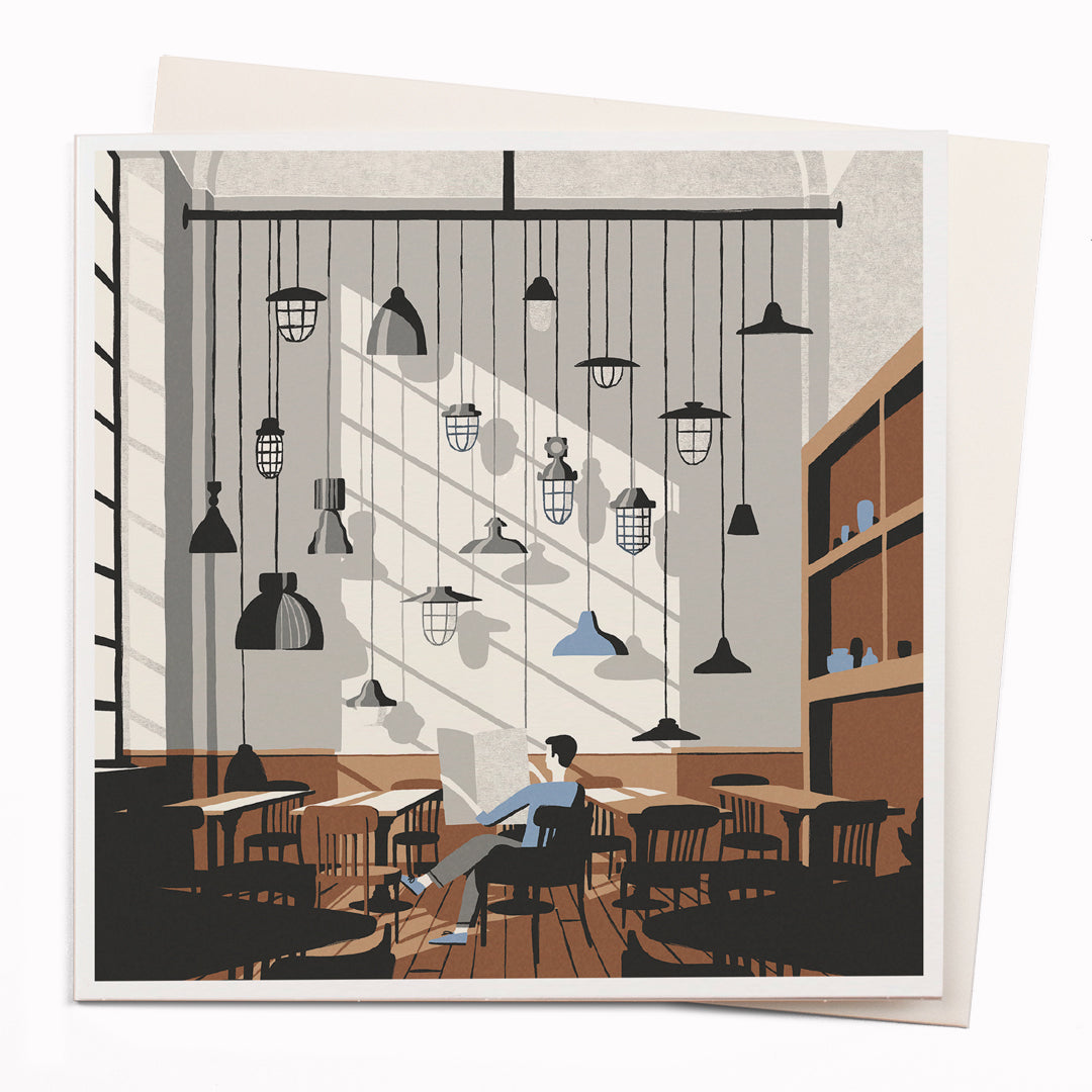 Travel illustrator David Doran's illustrations are like a little holiday in the form of a greeting card. This notecard features a beautiful contemporary illustration of a high ceilinged interior with lots of hanging pendant lights.