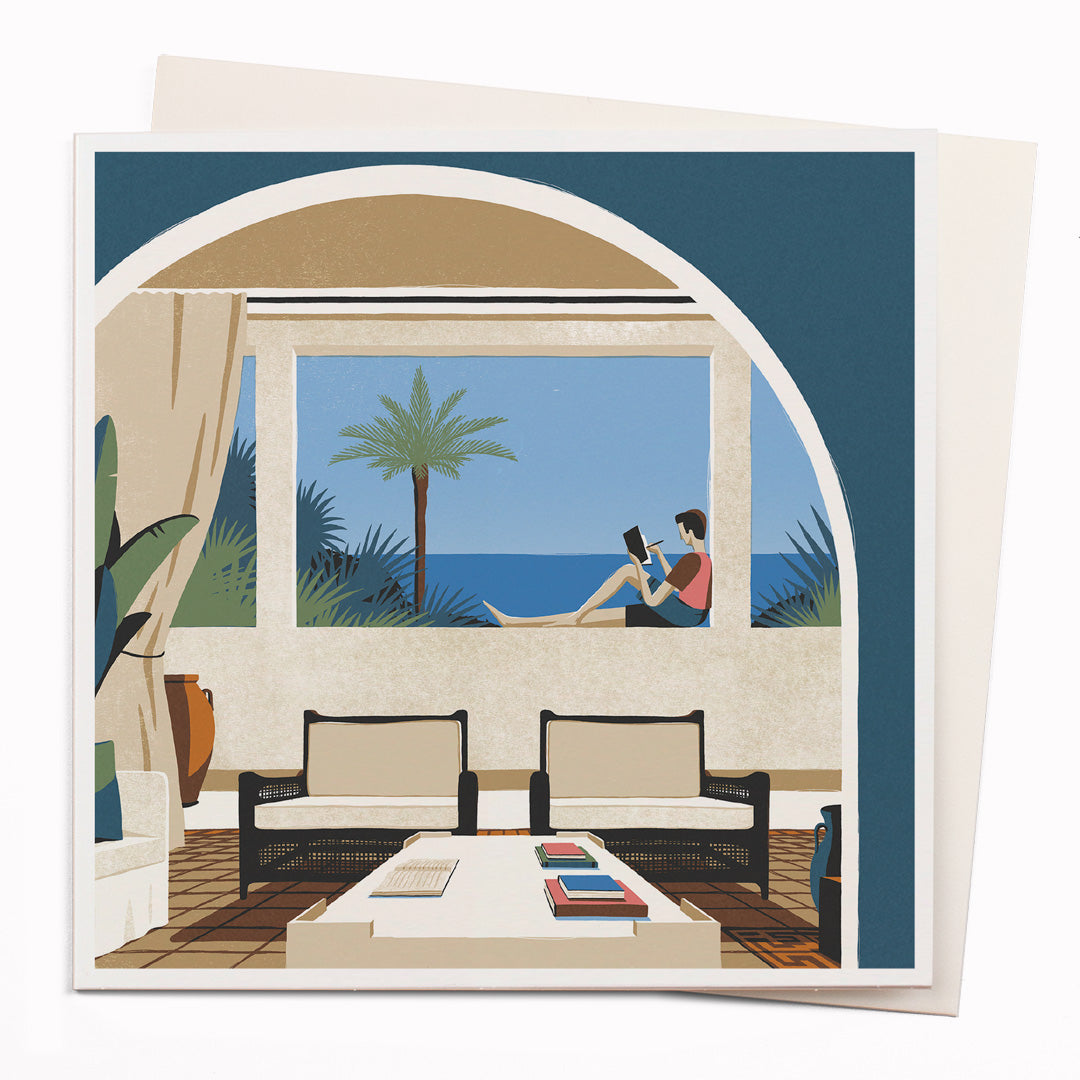 Travel illustrator David Doran's illustrations are like a little holiday in the form of a greeting card. This is a beautiful contemporary illustration of an idyllic view through a window to a sunny tropical beach while journaling.