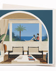 Travel illustrator David Doran's illustrations are like a little holiday in the form of a greeting card. This is a beautiful contemporary illustration of an idyllic view through a window to a sunny tropical beach while journaling.