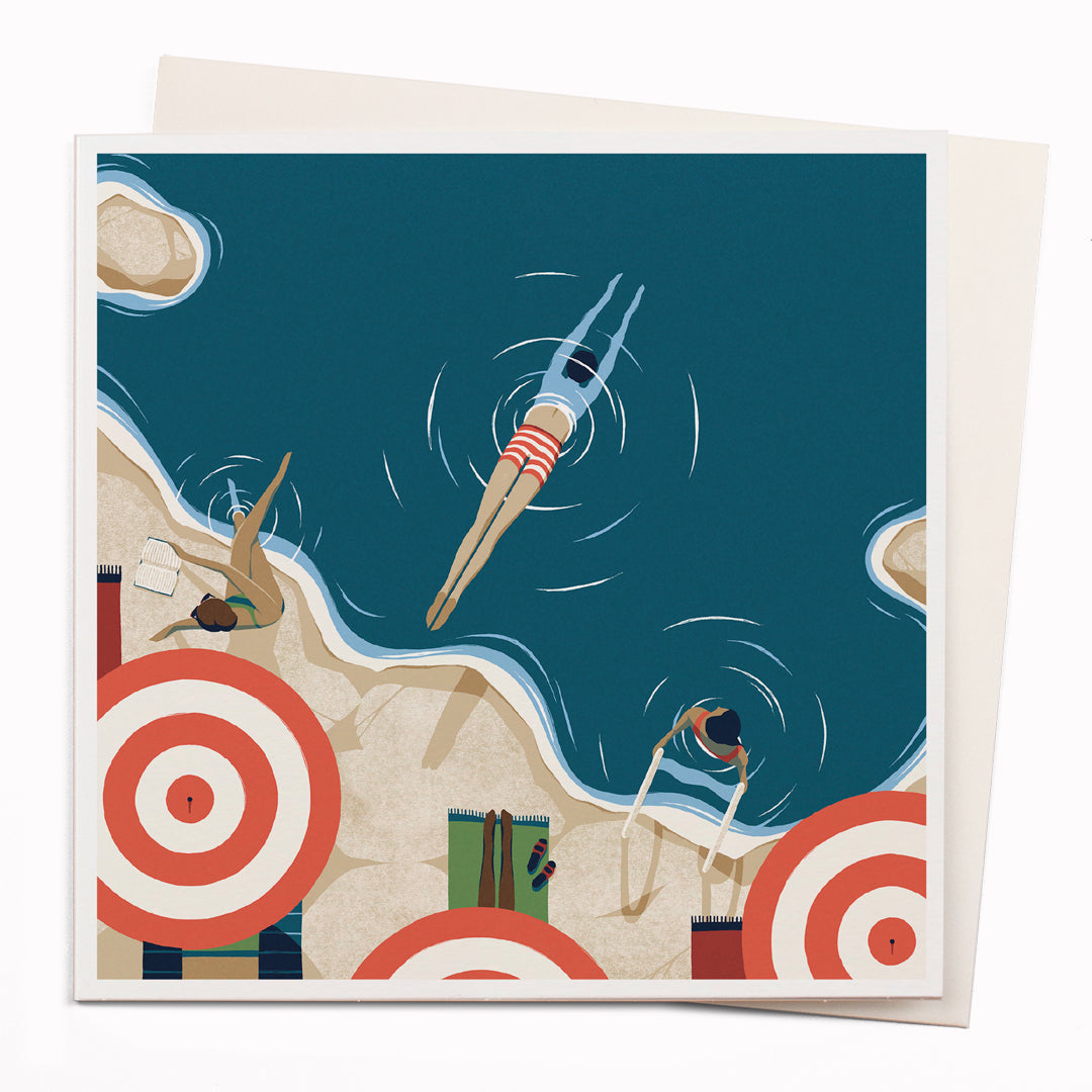 Travel illustrator David Doran's illustrations are like a little holiday in the form of a greeting card. This notecard features a beautiful contemporary illustration of a swimmer diving into a secluded bathing cove.