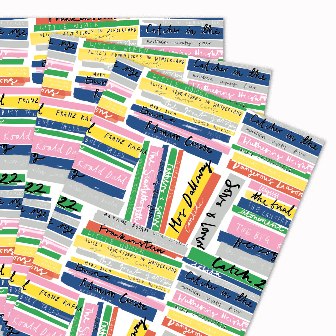 Book Stack gift wrap sheets illustrated by Katy Welsh for USTUDIO Design. Perfect for book worms, this bright and colourful design features the titles of all time classic novels, from Frankenstein to Moby Dick!
