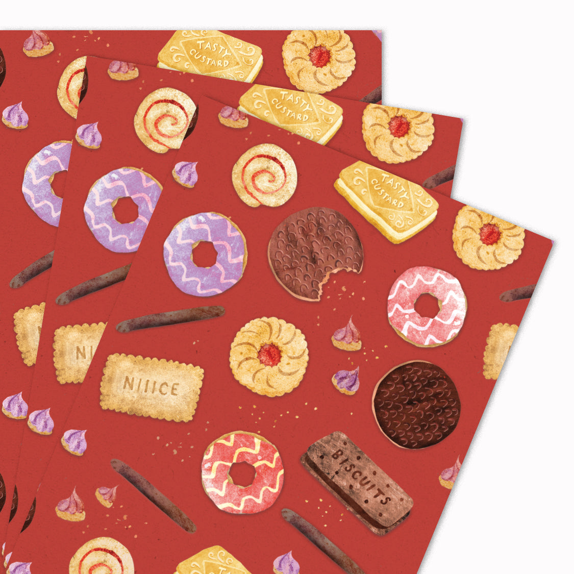 Pack of 3 'Biscuits' gift wrap sheets illustrated by Emily Nash for USTUDIO Design. Perfect for your biscuit loving friend or loved one, featuring all the family favourites you'll find in the biscuit tin.