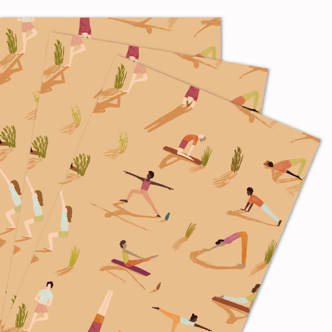 Pack of 3 'Yoga Retreat' gift wrap sheets illustrated by Katy Welsh for USTUDIO Design. Perfect for your yoga loving friend or loved one featuring various yoga poses with a neutral calming colour palette.