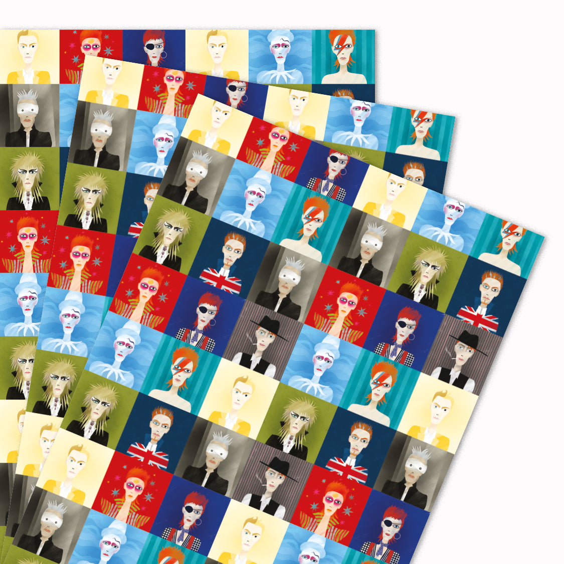 Pack of 3 'Changes' gift wrap sheets illustrated by Anastasia Tribambuka for USTUDIO Design. This design features the artist's own illustrative interpretation of the many changing and iconic styles of the legendary David Bowie. Perfect for music lovers.
