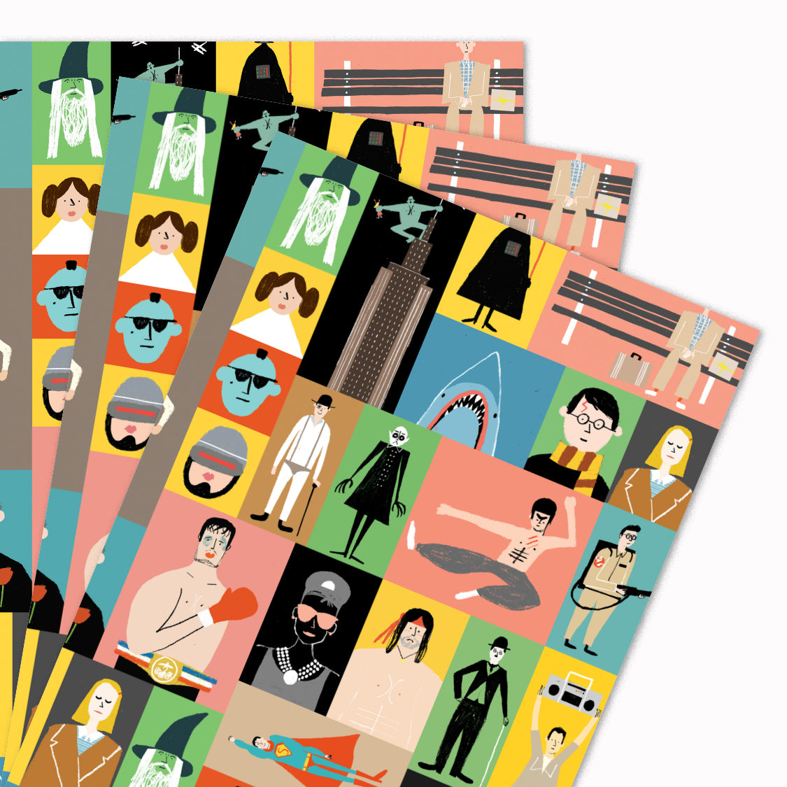 Pack of 3 'Films' gift wrap sheets illustrated by Rob Hodgson for USTUDIO Design. Featuring colourful, graphic interpretations of iconic and classic film characters, this wrapping paper design is perfect for movie buffs!